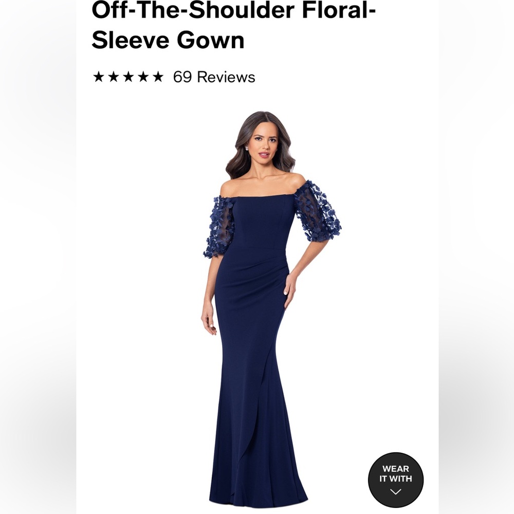 Xscape off-the shoulder floral sleeve gown.